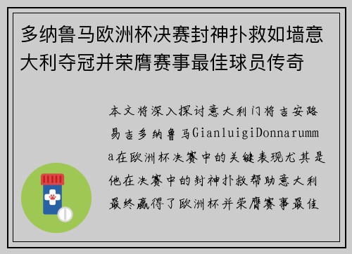 多纳鲁马欧洲杯决赛封神扑救如墙意大利夺冠并荣膺赛事最佳球员传奇